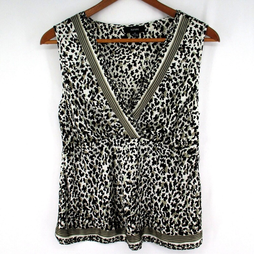 Women 12 Alfani 100% Silk Black White Animal Print Sleeveless V Neck Blouse